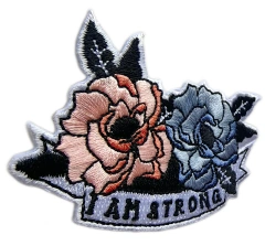 "I Am Strong" Motivational Embroidered Rose Patch (3" x 2", Iron-On)-Front Side