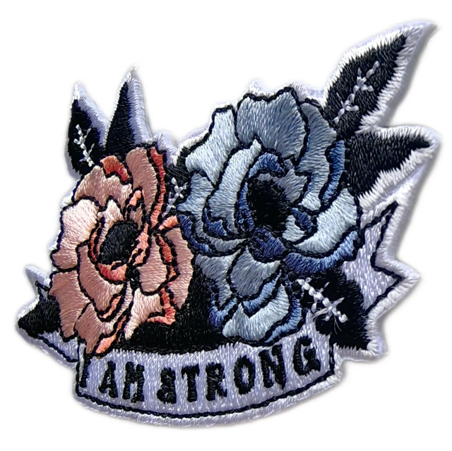 "I Am Strong" Motivational Embroidered Rose Patch (3" x 2", Iron-On)-Right Side