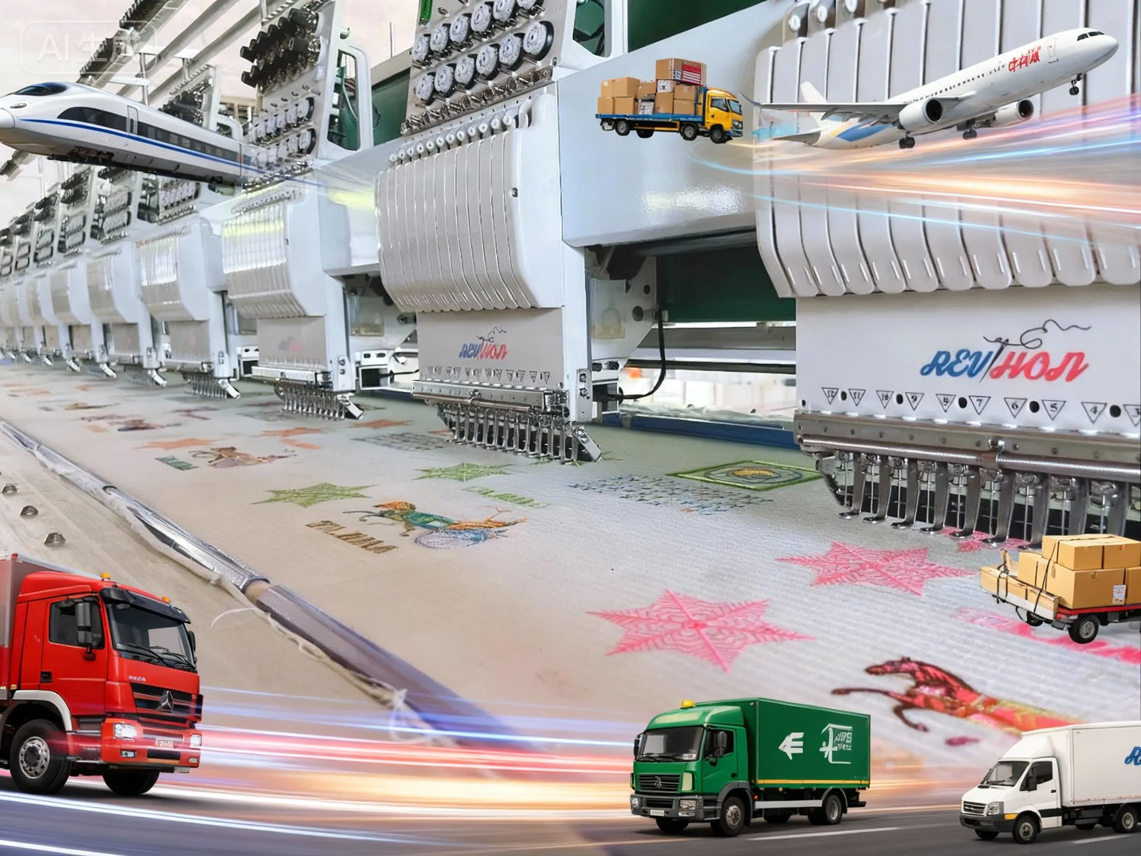 The image shows industrial embroidery machines​ (labeled 