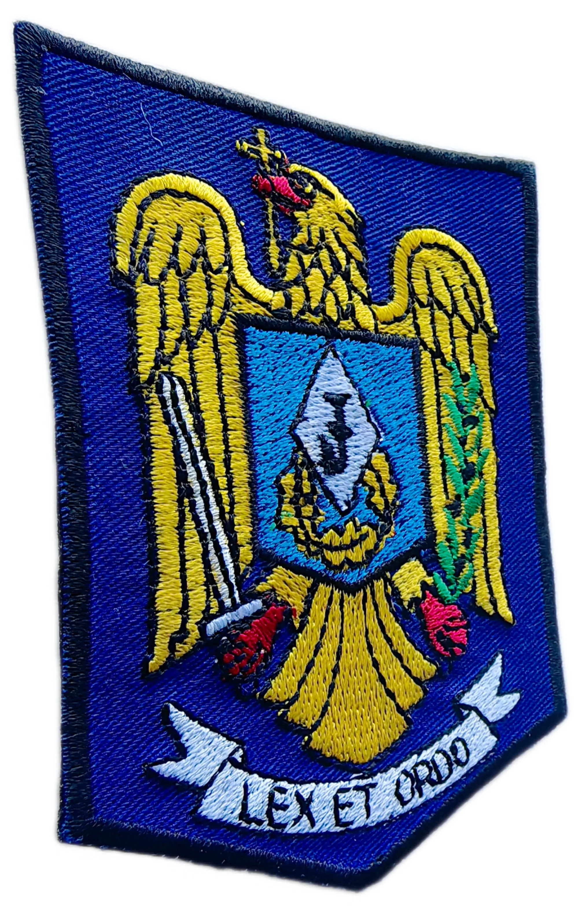 Embroidered Patch - Eagle & Shield Design with "LEX ET ORDO" (Size: 2.7"W × 3.5"H)-Left Side
