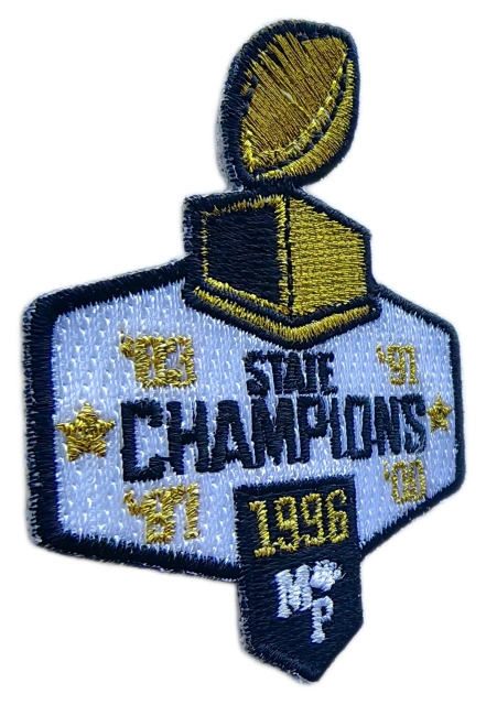 Embroidered Iron - on Patch for State Champions (1996) with Metallic Gold Thread-Left Side