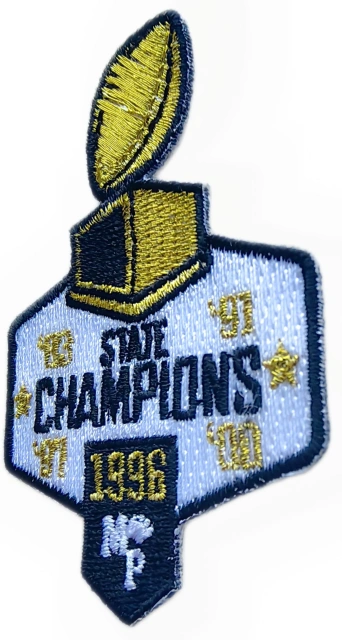 Embroidered Iron - on Patch for State Champions (1996) with Metallic Gold Thread-Right Side