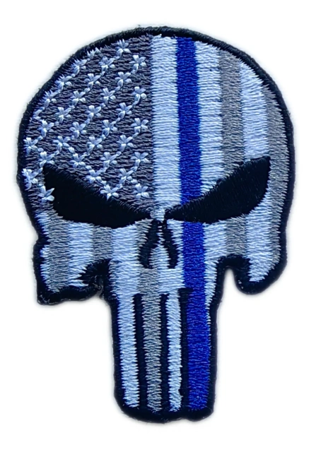Punisher Skull Embroidered Patch with Thin Blue Line & US Flag Design-Front Side