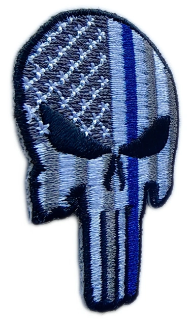 Punisher Skull Embroidered Patch with Thin Blue Line & US Flag Design-Left Side