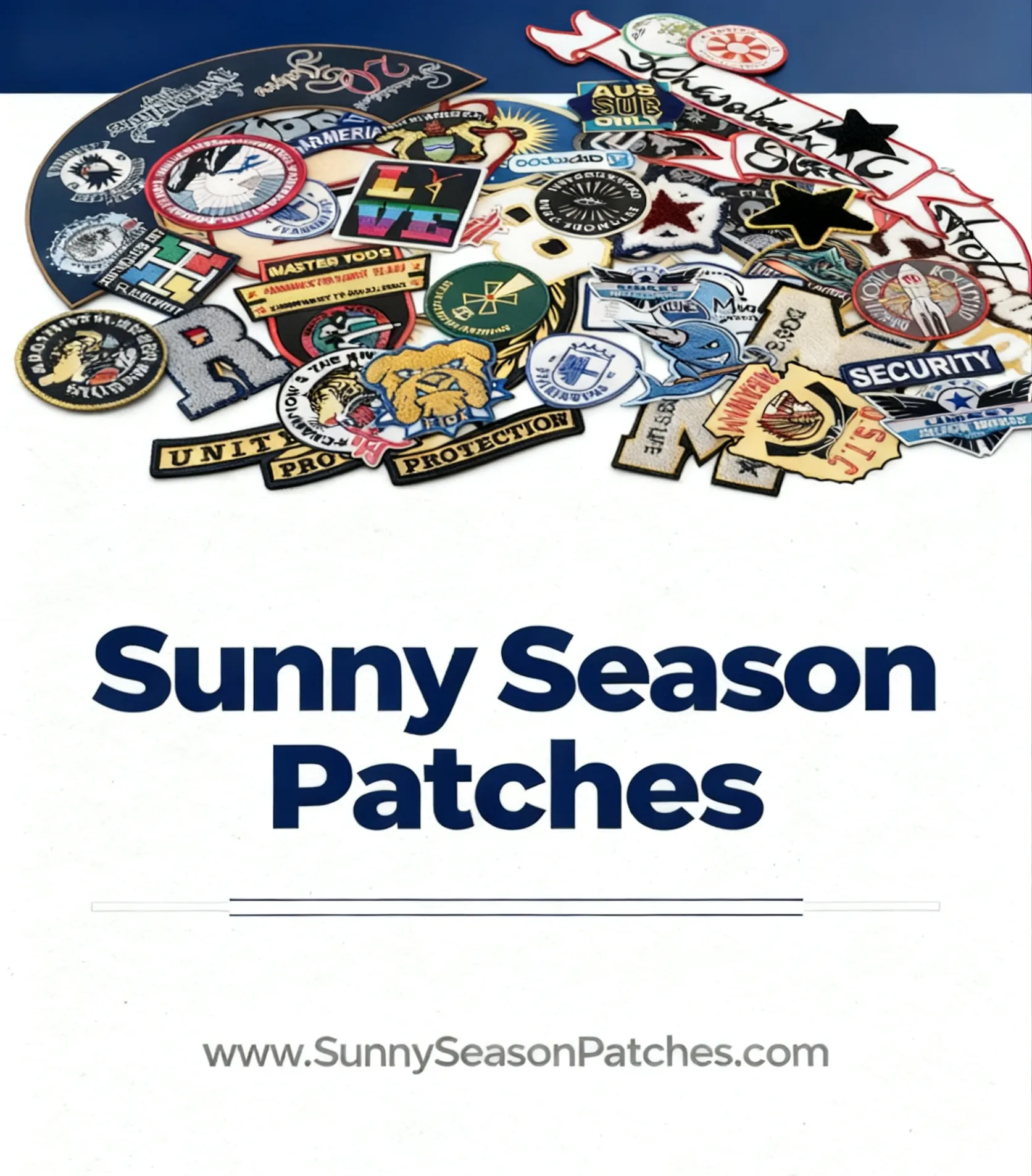 A vibrant collection of custom embroidered and woven patches from Sunny Season Patches, featuring various designs, text, and logos such as 