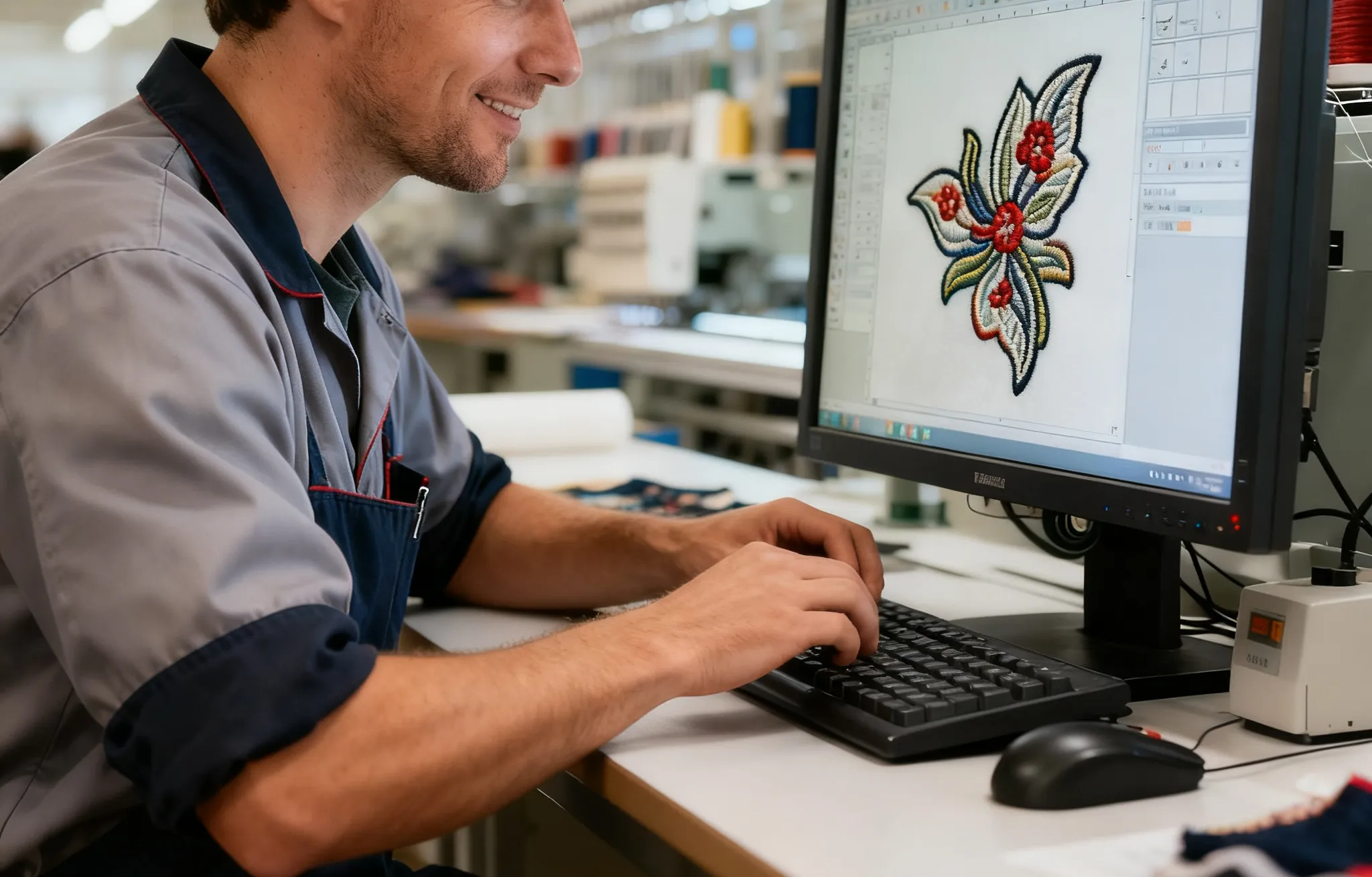 A technician designs a colorful floral embroidery pattern on a computer in a modern garment factory setting.