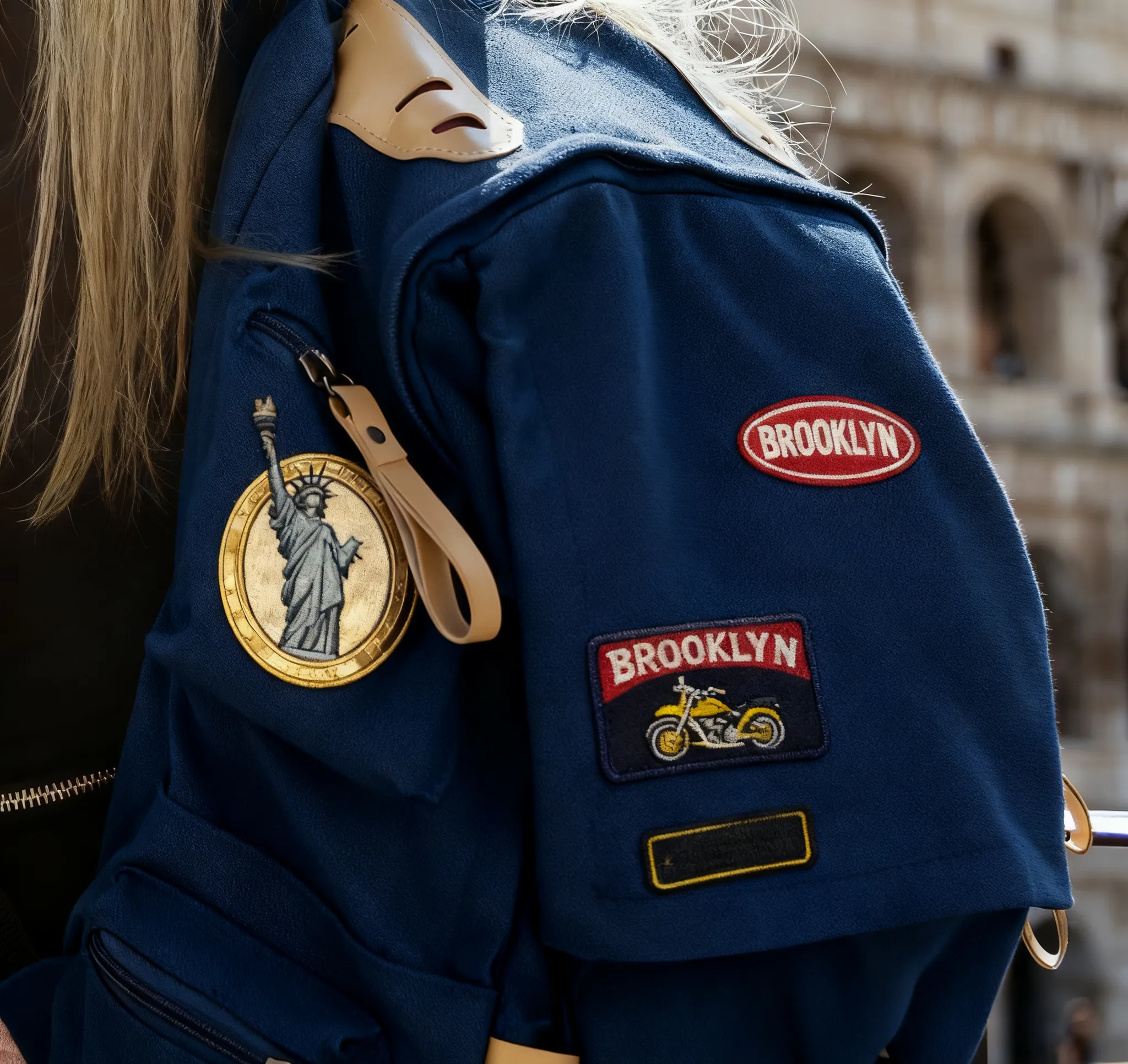 Close-up of a navy blue backpack featuring embroidered patches, including 