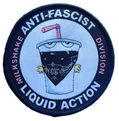 Custom Woven Patch Sample – Milkshake Anti-Fascist Division Design (3"x3")-Front Side