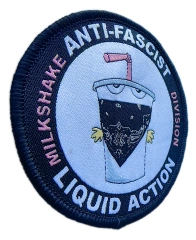 Custom Woven Patch Sample – Milkshake Anti-Fascist Division Design (3"x3")-Left Side