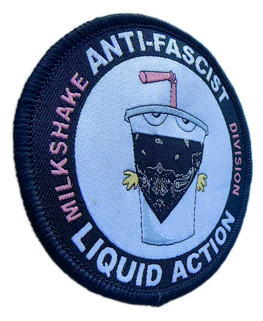 Custom Woven Patch Sample – Milkshake Anti-Fascist Division Design (3"x3")-Left Side