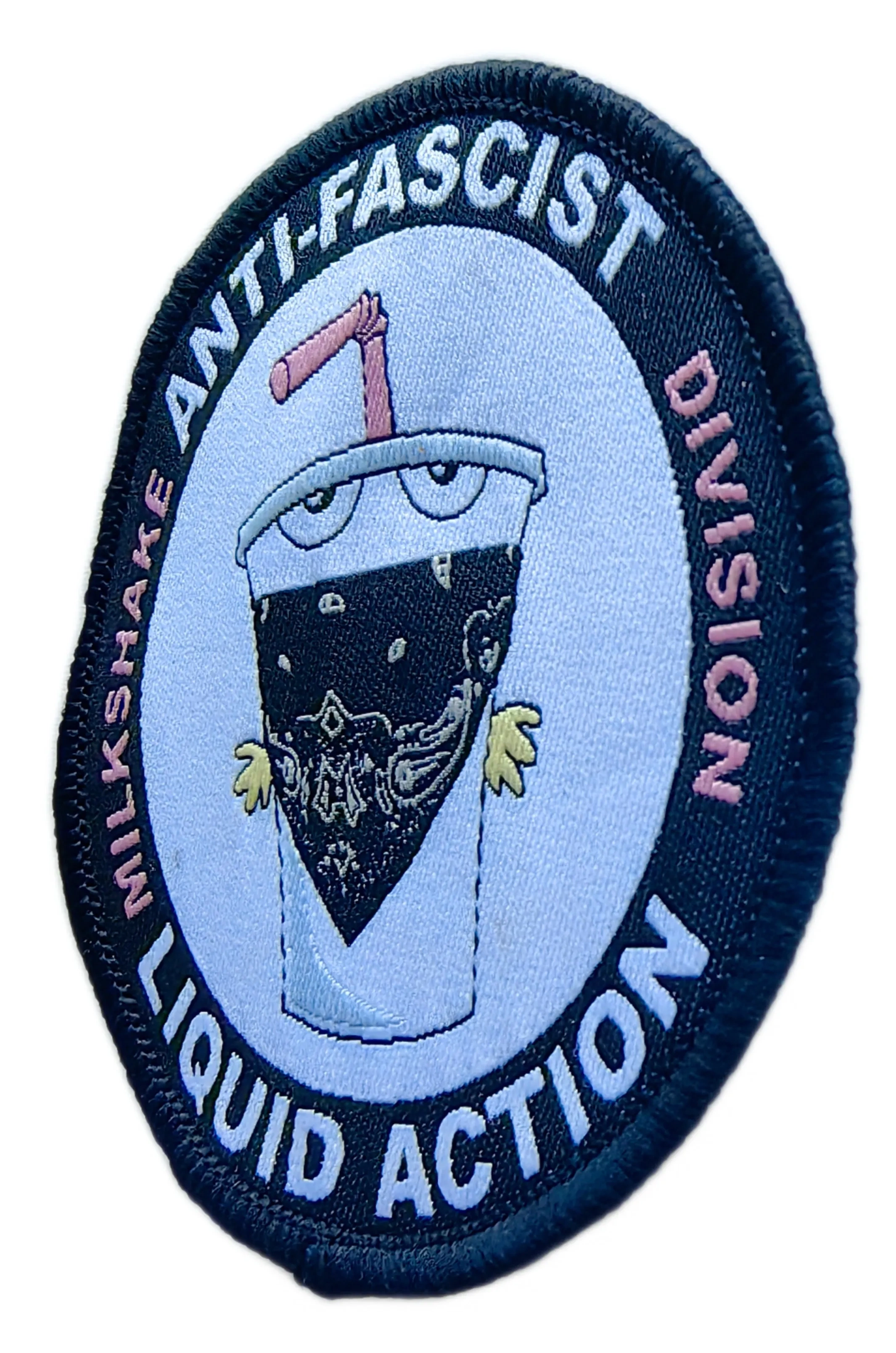 Custom Woven Patch Sample – Milkshake Anti-Fascist Division Design (3"x3")-Right Side