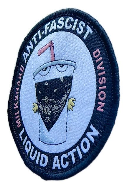 Custom Woven Patch Sample – Milkshake Anti-Fascist Division Design (3"x3")-Right Side