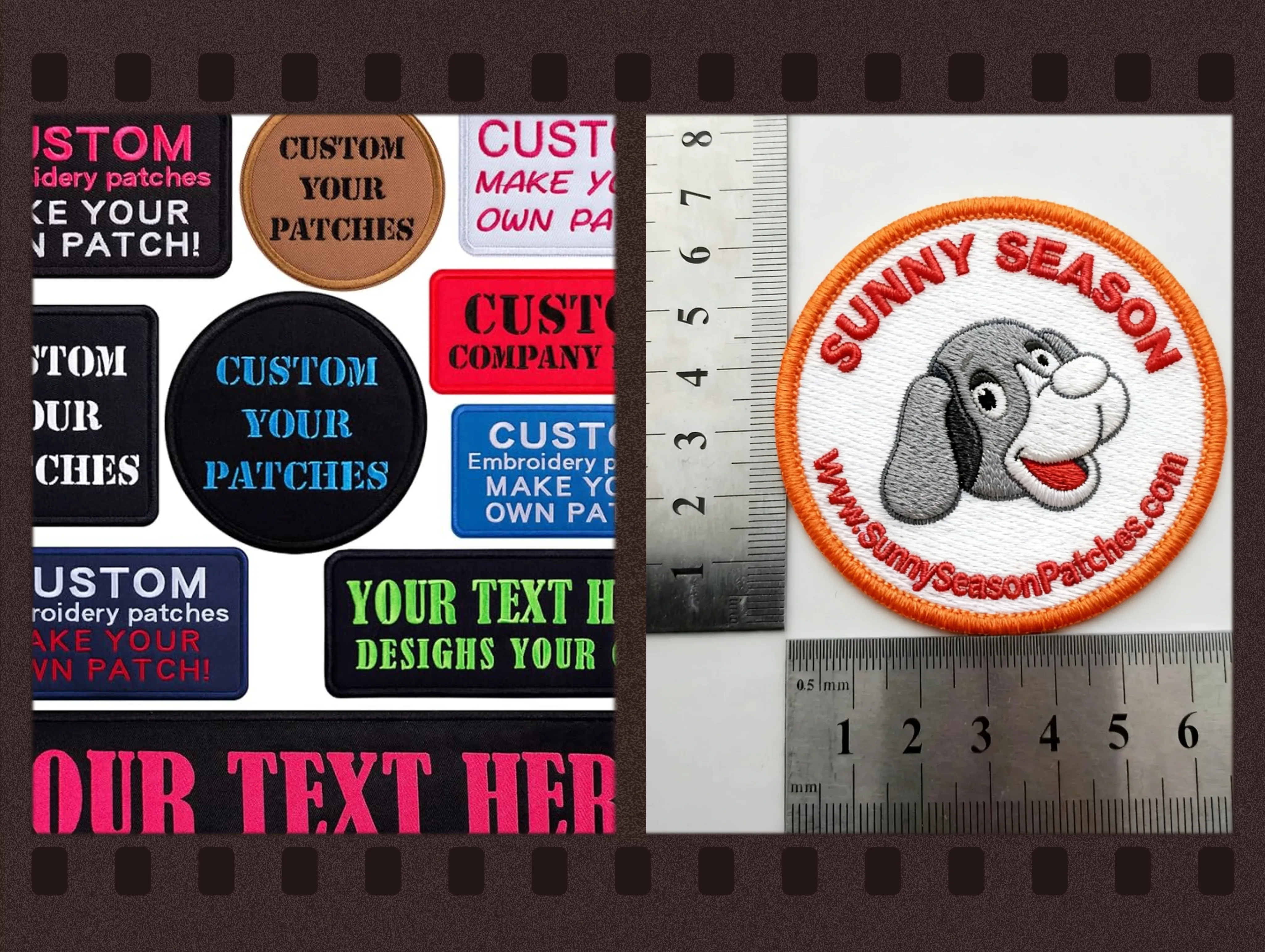 Custom embroidered patches in various shapes and sizes displayed with rulers for scale, including a circular patch featuring a dog design and the text 
