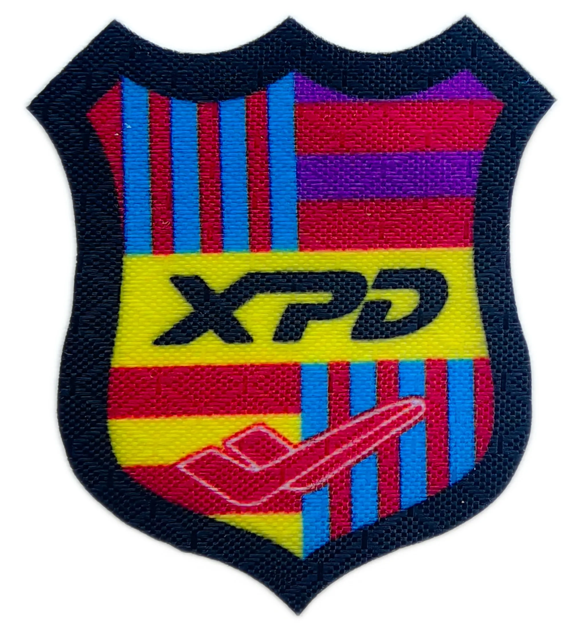 XPD Shield-Shape Custom Woven Patch (1.55”W x 2”H, Cut Edge)-Front Side