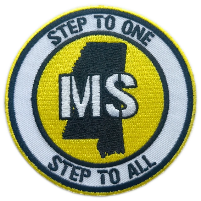 Tailored University State Pride Embroidered Patch Sample: Mississippi State “Step To One” Motto Design-Front Side