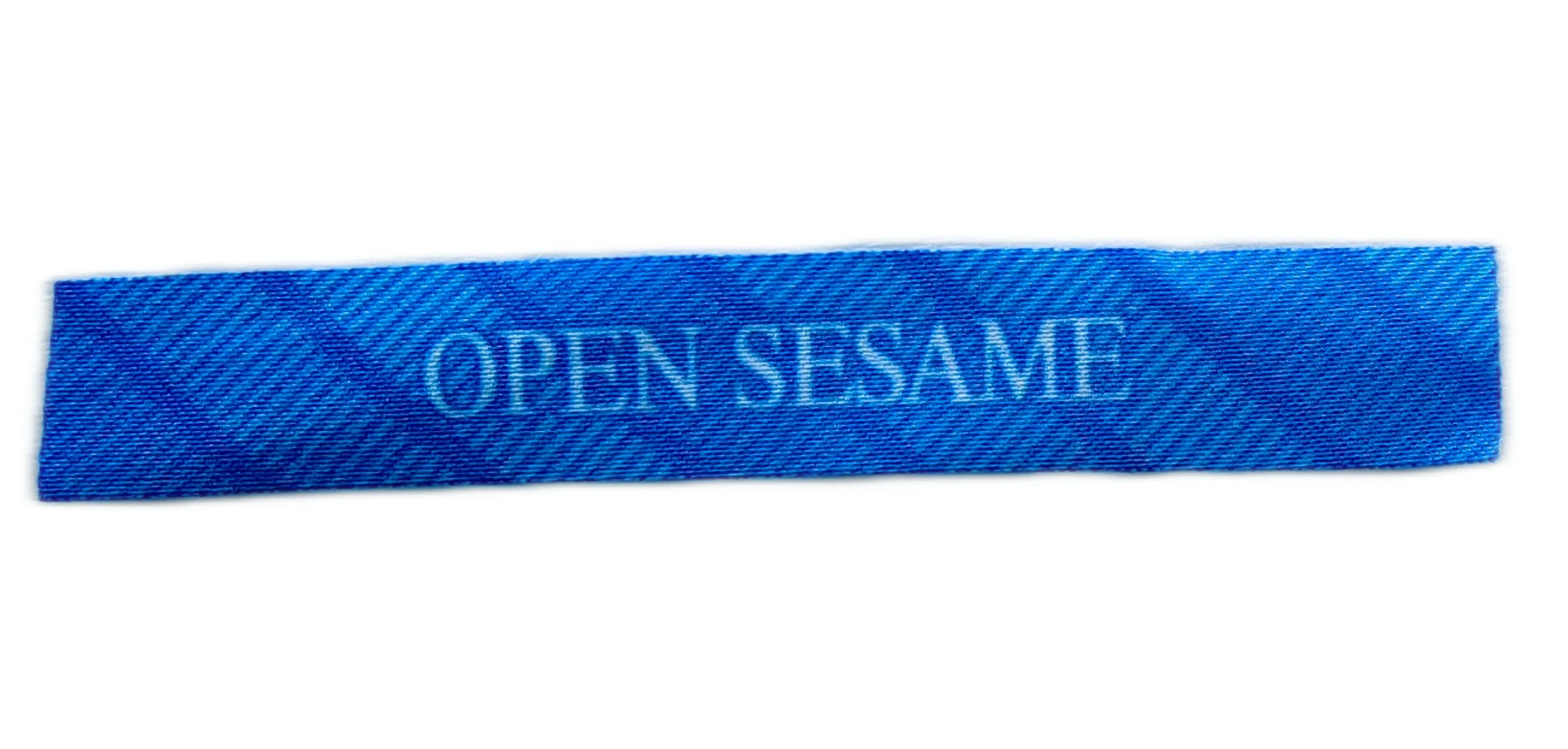 Custom "OPEN SESAME" Printed Woven Label (3.2"W x 0.5"H, Cut Edge)-Front Side