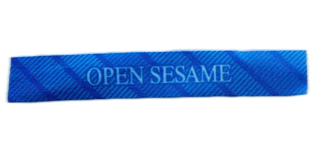 Custom "OPEN SESAME" Printed Woven Label (3.2"W x 0.5"H, Cut Edge)-Front Side