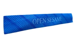 Custom "OPEN SESAME" Printed Woven Label (3.2"W x 0.5"H, Cut Edge)-Left Side