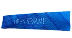 Custom "OPEN SESAME" Printed Woven Label (3.2"W x 0.5"H, Cut Edge)-Right Side
