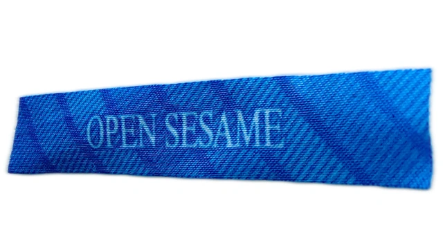Custom "OPEN SESAME" Printed Woven Label (3.2"W x 0.5"H, Cut Edge)-Right Side