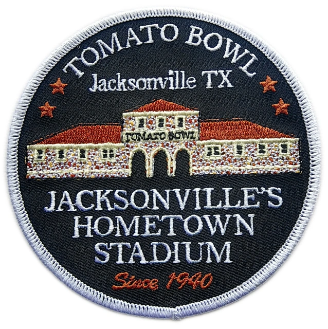 Custom Embroidered Hometown Stadium Patch: Jacksonville TX Tomato Bowl Display Sample-Front Side