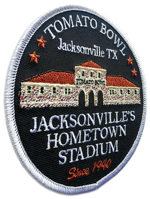 Custom Embroidered Hometown Stadium Patch: Jacksonville TX Tomato Bowl Display Sample-Left Side