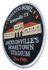 Custom Embroidered Hometown Stadium Patch: Jacksonville TX Tomato Bowl Display Sample-Right Side