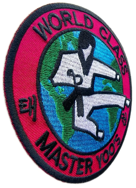 Custom Embroidered Martial Arts School Logo Patch: Master Yoo's World Class Taekwondo Display Sample-Left Side