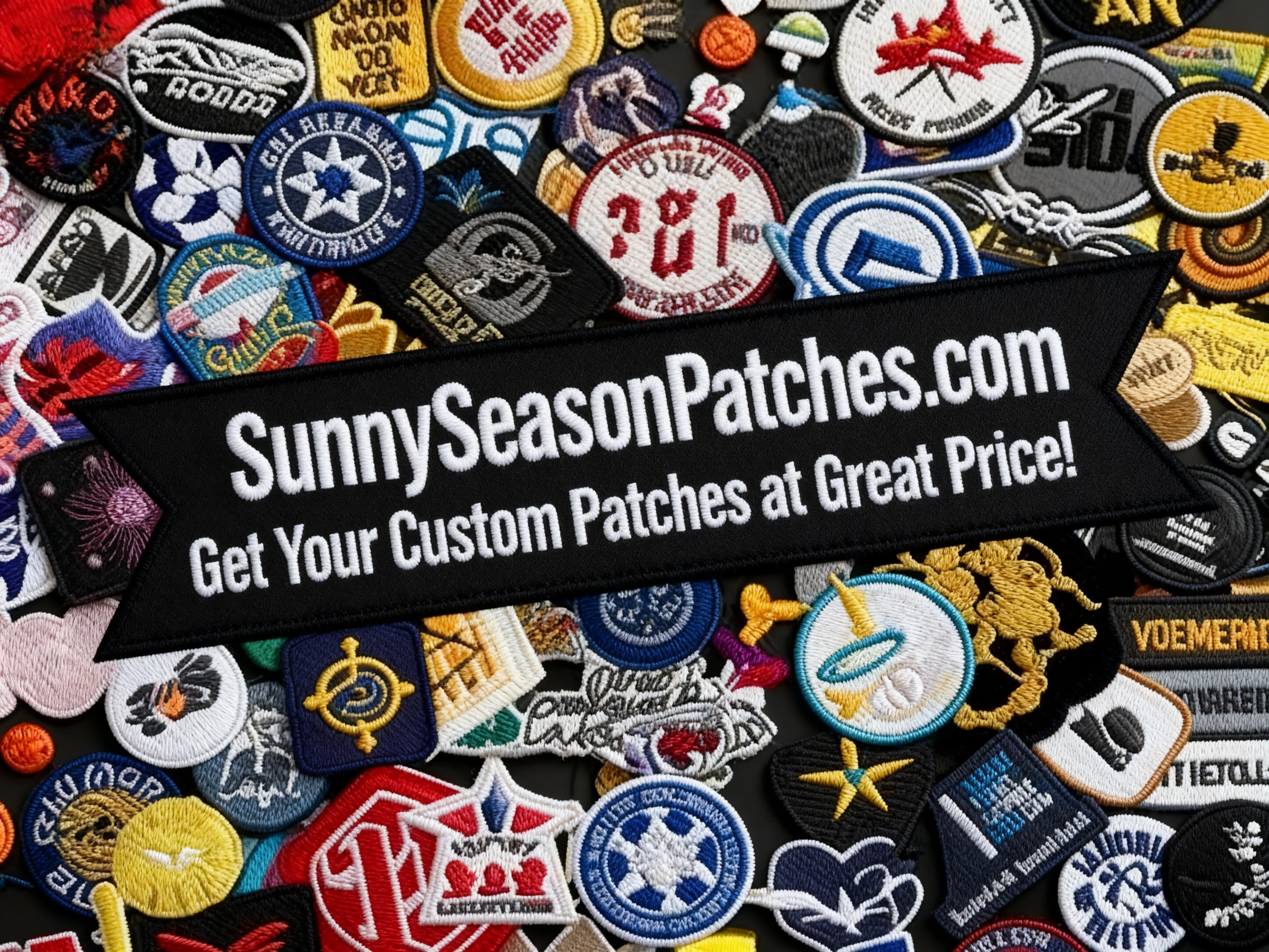 Numerous colorful embroidered patches of various shapes (circles, squares, hearts, etc.) and designs, densely arranged on a black background. A central black banner - shaped patch features white embroidery text: &ldquo;SunnySeasonPatches.com&rdquo; and &ldquo;Get Your Custom Patches at Great Price!&rdquo;.