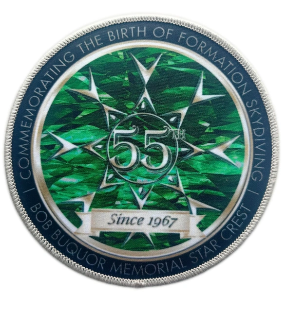 Custom Sublimated Skydiving Memorial Patch: Bob Buquor Memorial Star Crest 55th Anniversary Display Sample-Front Side