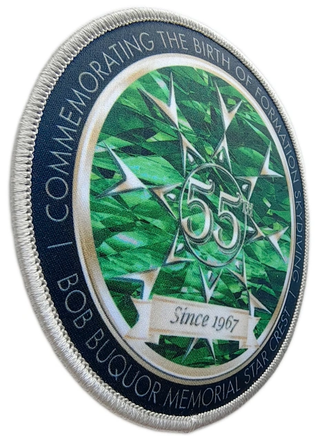 Custom Sublimated Skydiving Memorial Patch: Bob Buquor Memorial Star Crest 55th Anniversary Display Sample-Left Side