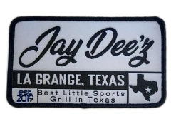 Custom Woven "Jay Dee'z La Grange, Texas" Sports Grill Patch (Display Sample)-Front Side
