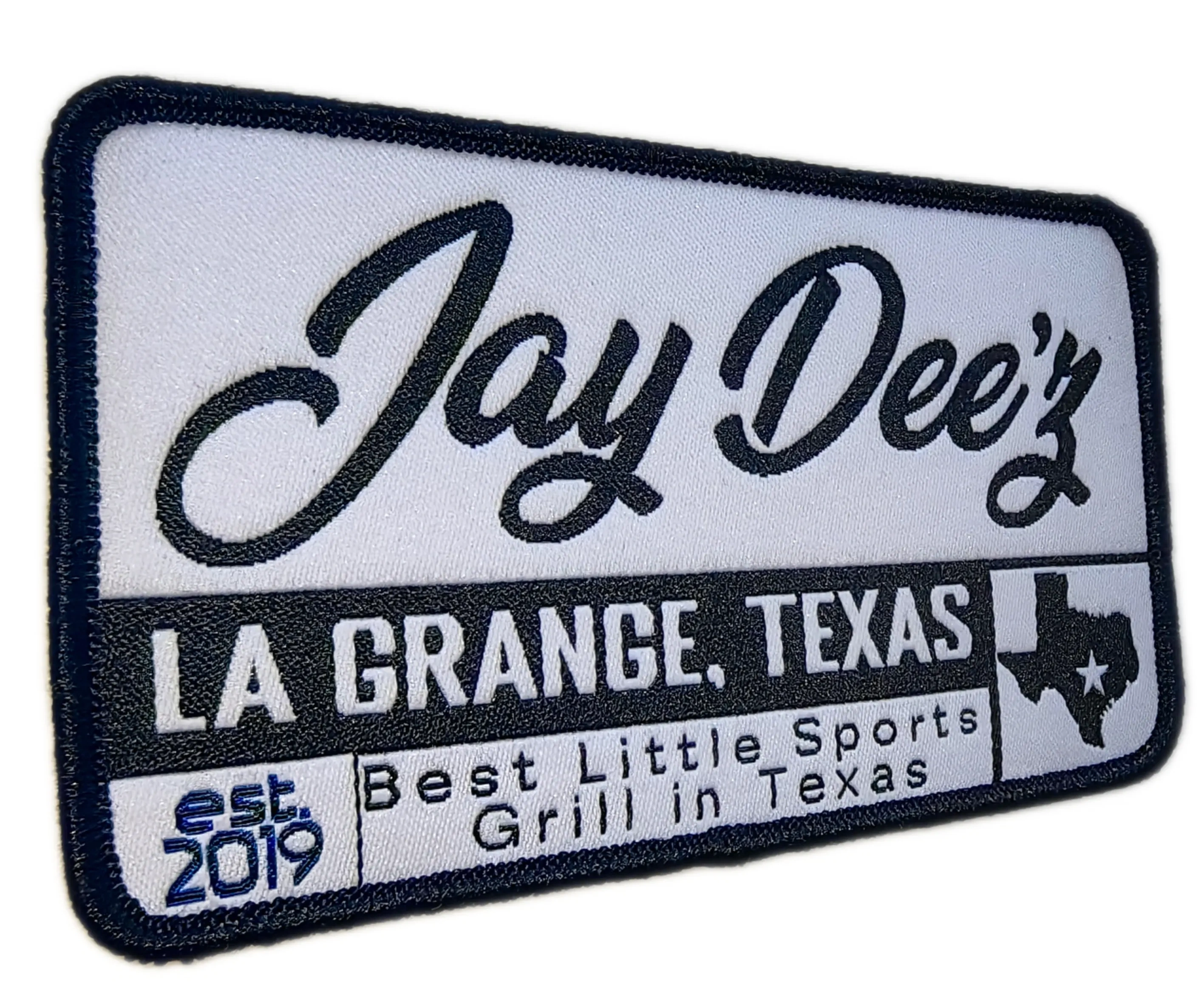 Custom Woven "Jay Dee'z La Grange, Texas" Sports Grill Patch (Display Sample)-Left Side