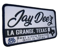 Custom Woven "Jay Dee'z La Grange, Texas" Sports Grill Patch (Display Sample)-Left Side