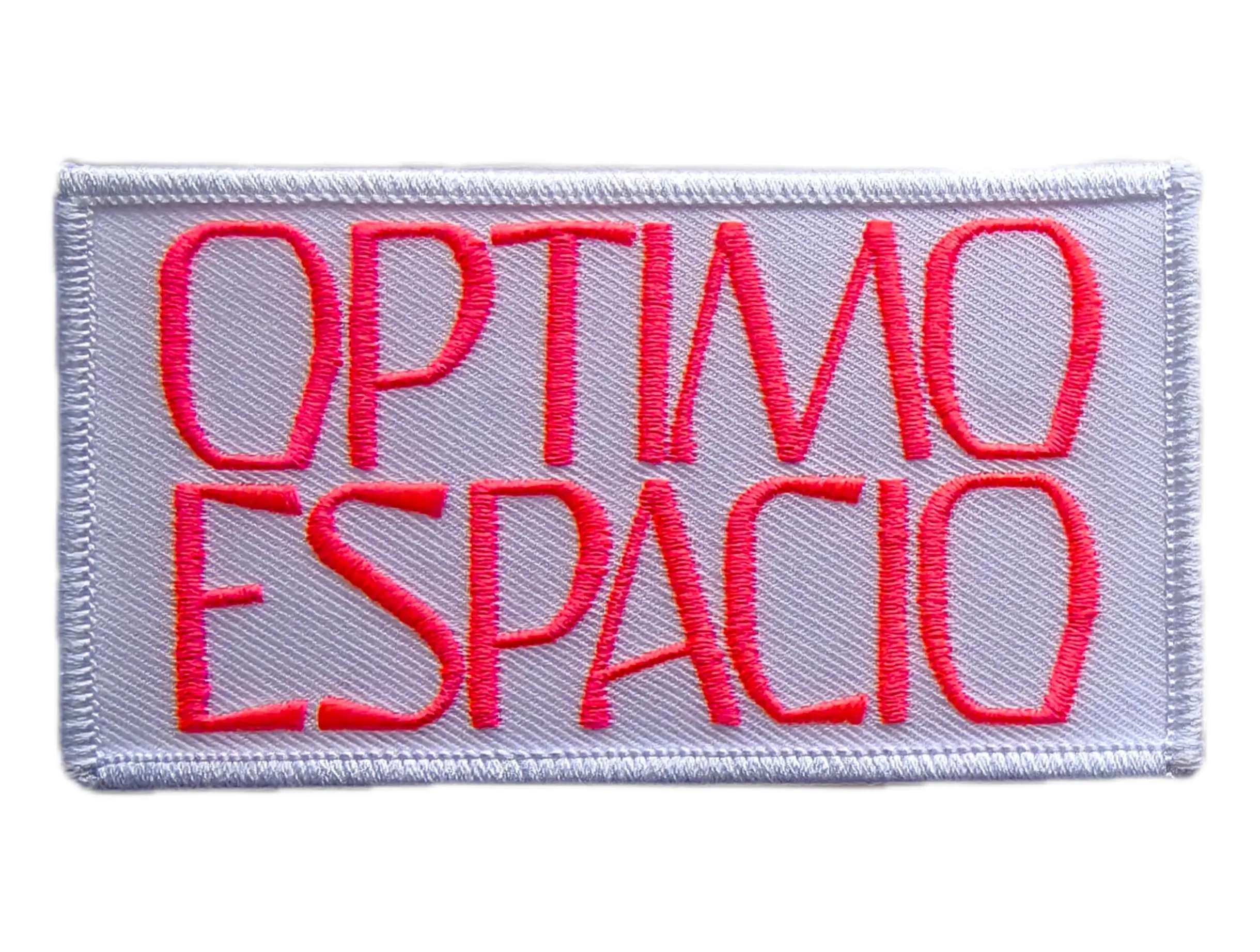Custom Embroidered Patch Example: "OPTIMO ESPACIO" Text-Front Side