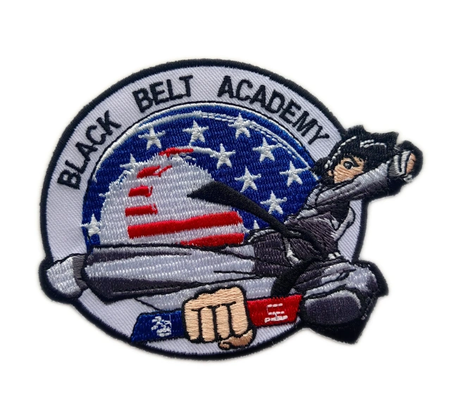 Black Belt Academy Embroidered Patch – Martial Arts Fighter with American Flag Design-Front Side