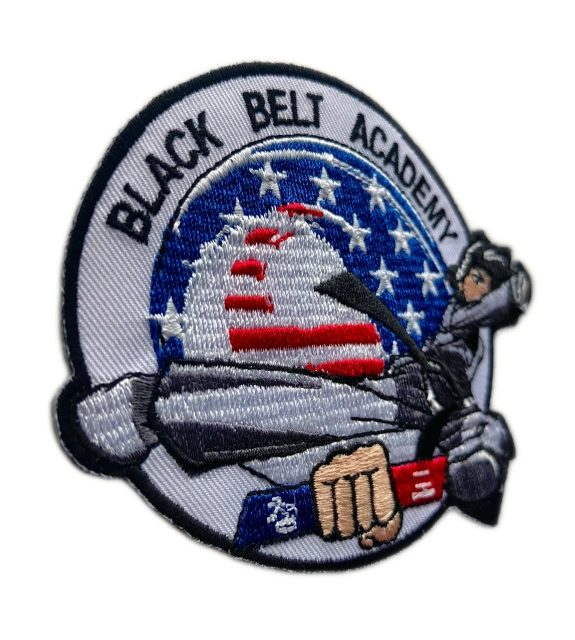 Black Belt Academy Embroidered Patch – Martial Arts Fighter with American Flag Design-Left Side