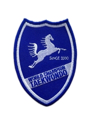 World Champion Taekwondo Embroidered Patch – Blue Shield with Jumping Horse Logo-Front Side