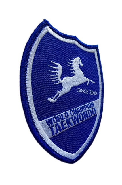 World Champion Taekwondo Embroidered Patch – Blue Shield with Jumping Horse Logo-Left Side