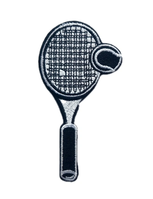 Black & White Tennis Racket Embroidered Patch – Sporty Design-Front Side
