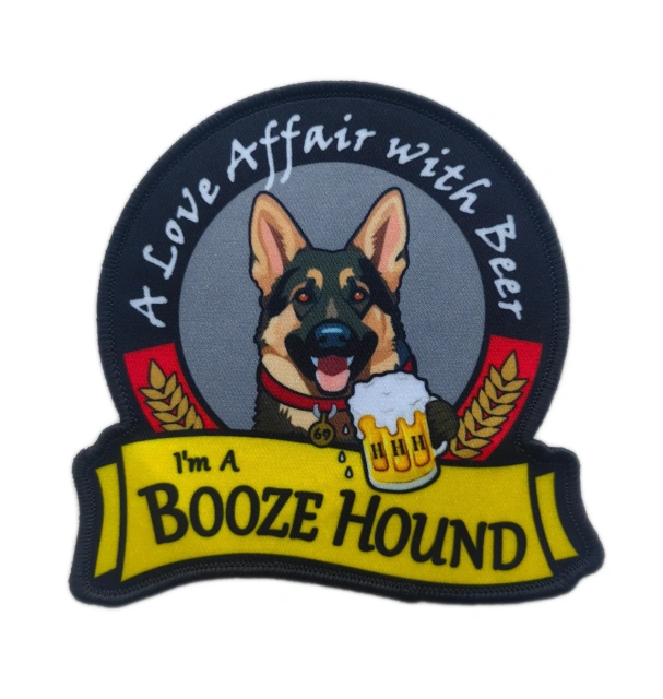 "I'm A Booze Hound" Custom Printed Patch – German Shepherd & Beer Design-Front Side