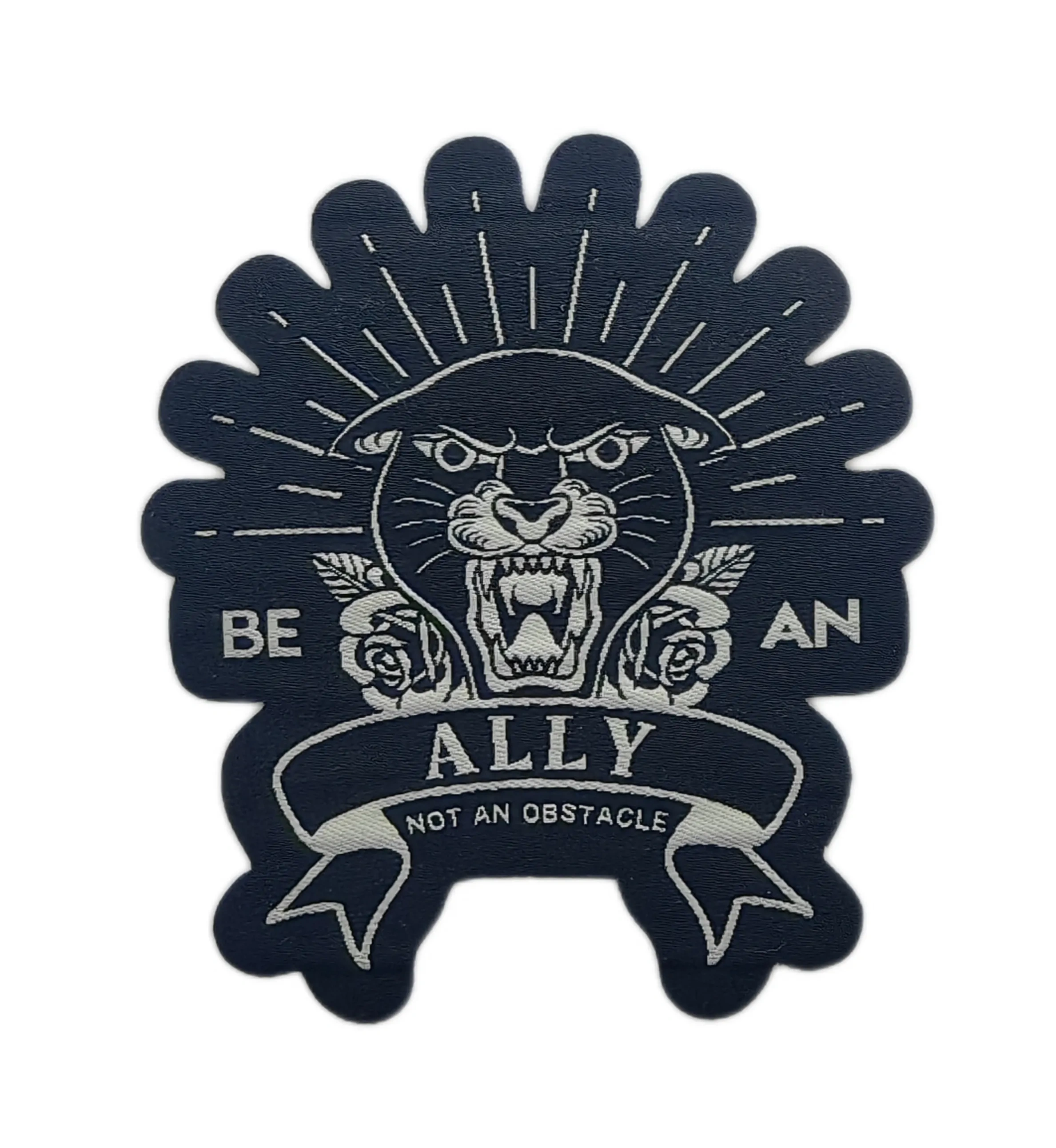 "Be an Ally, Not an Obstacle" Woven Patch – Panther & Roses Design-Front Side
