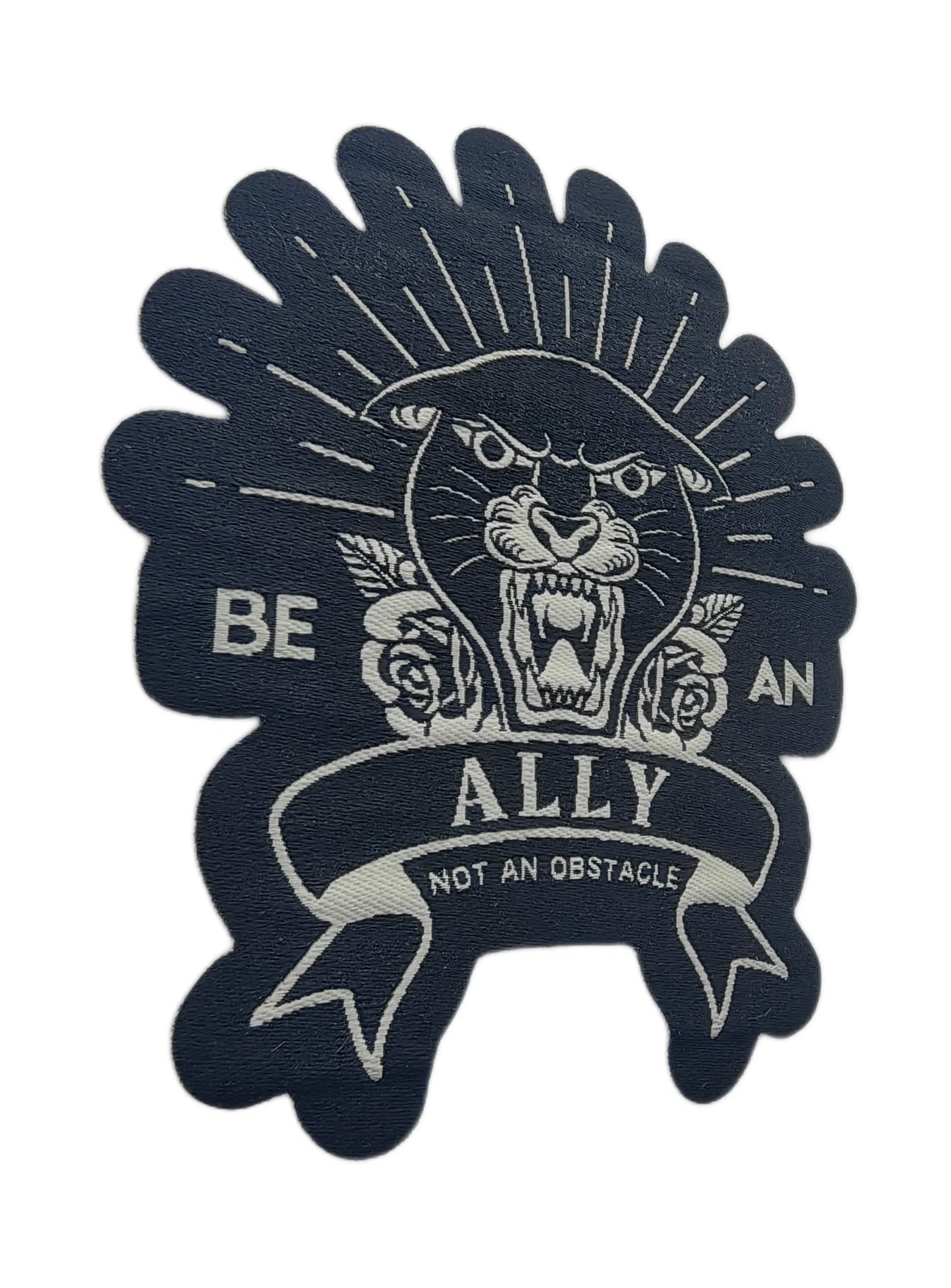 "Be an Ally, Not an Obstacle" Woven Patch – Panther & Roses Design-Left Side