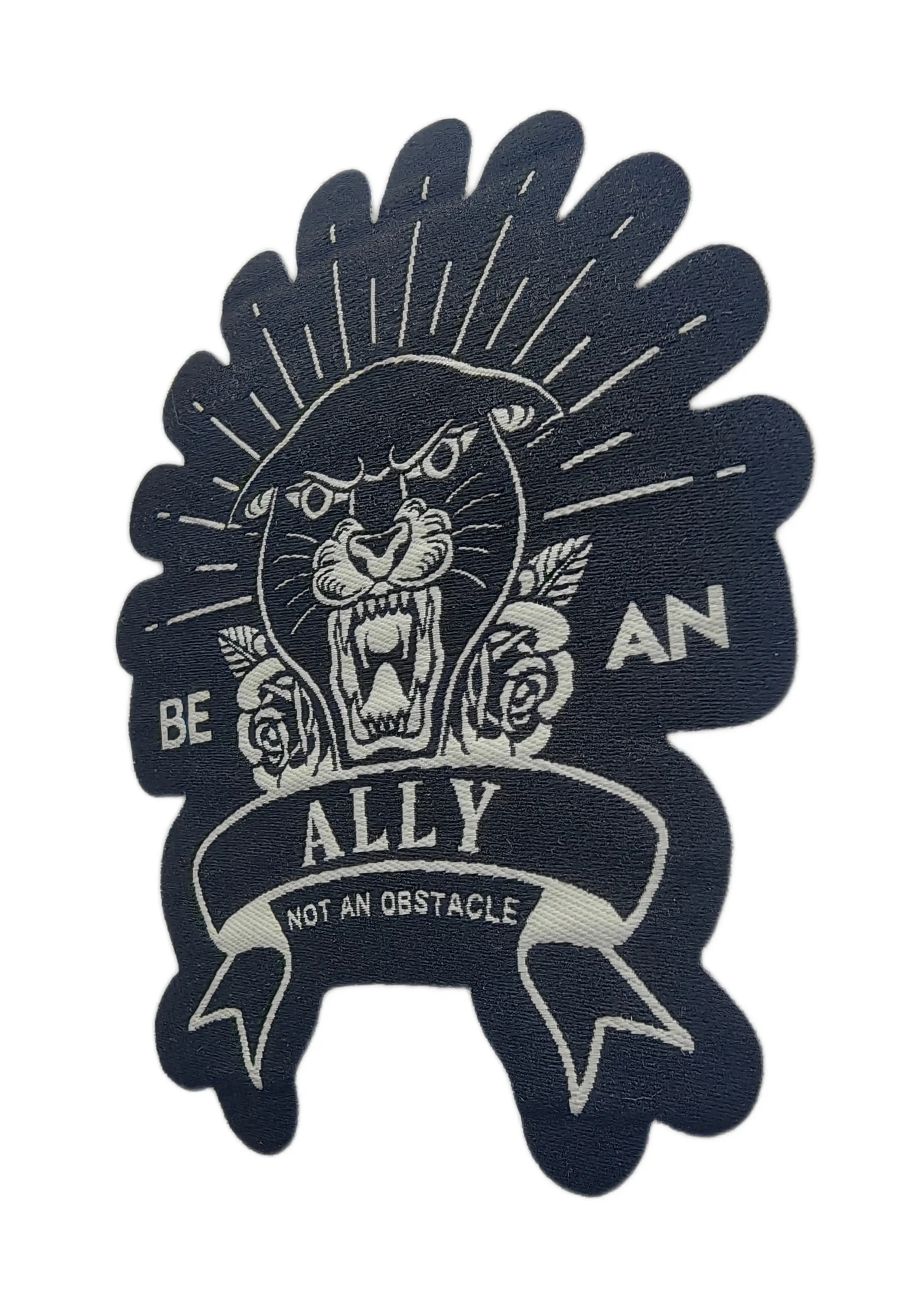 "Be an Ally, Not an Obstacle" Woven Patch – Panther & Roses Design-Right Side