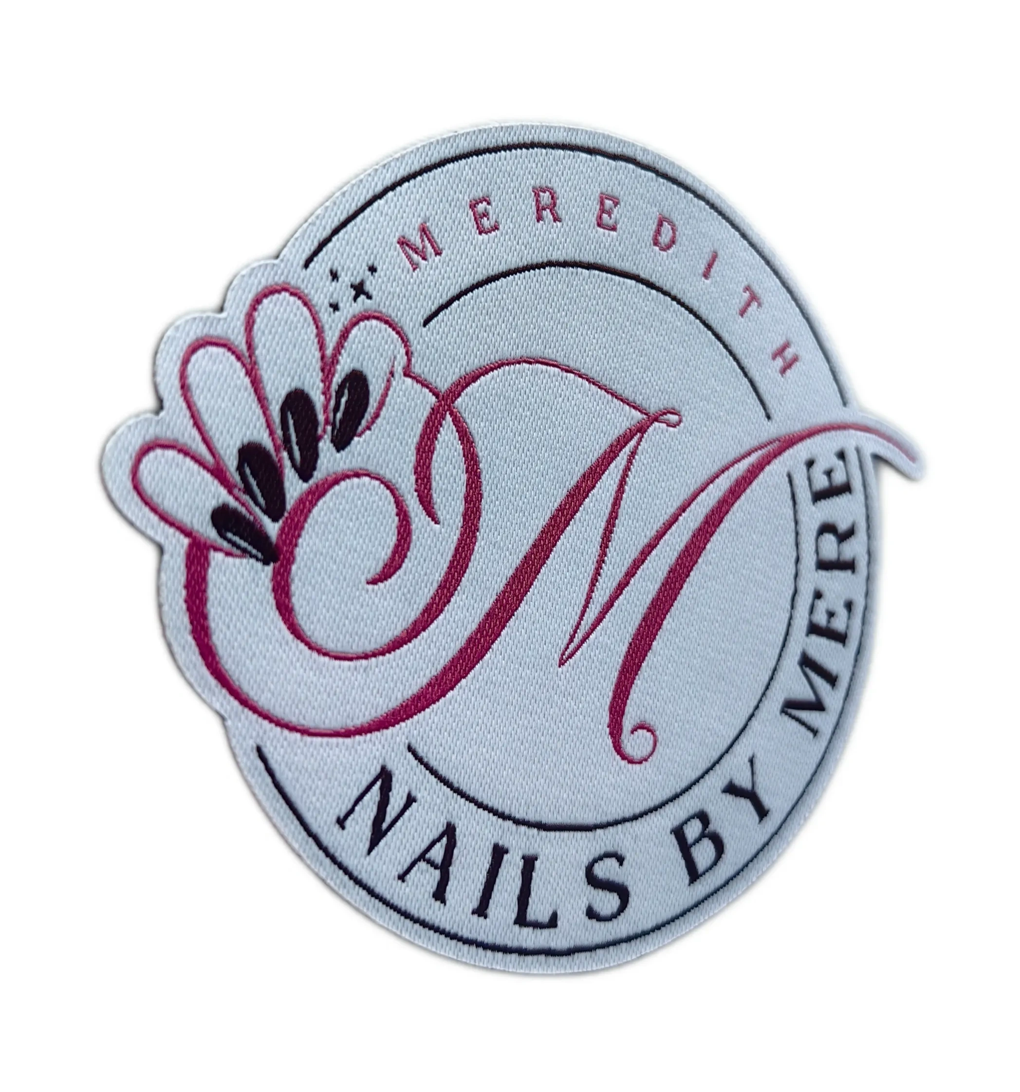 "Nails By Mere" Custom Woven Patch – Elegant Logo Design for Nail Salon Branding-Left Side