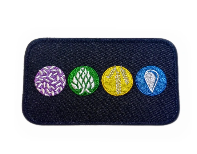 Four Elements Themed Embroidered Iron-On Patch with Black Merrow Border (4.5"W x 2.55"H)-Front Side
