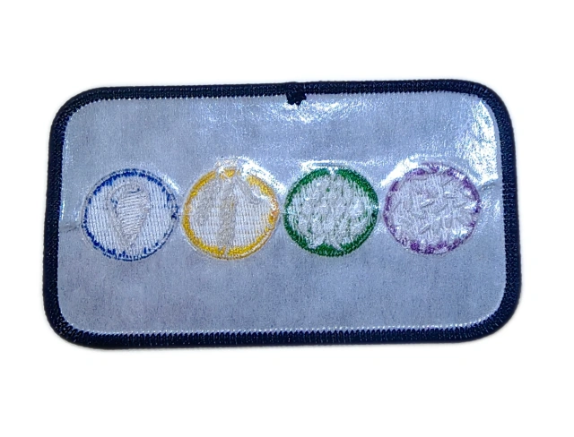 Four Elements Themed Embroidered Iron-On Patch with Black Merrow Border (4.5"W x 2.55"H)-Back Side