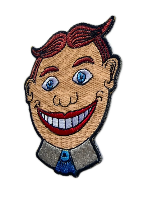 Funny Cartoon Face Embroidered Patch – Smiling Character with Blue Tie-Right Side