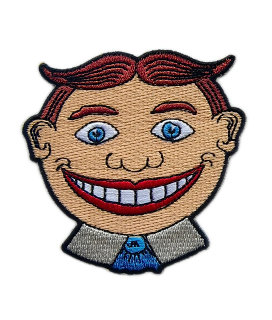 Funny Cartoon Face Embroidered Patch – Smiling Character with Blue Tie-Front Side