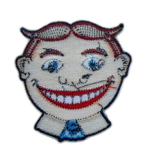 Funny Cartoon Face Embroidered Patch – Smiling Character with Blue Tie-Back Side